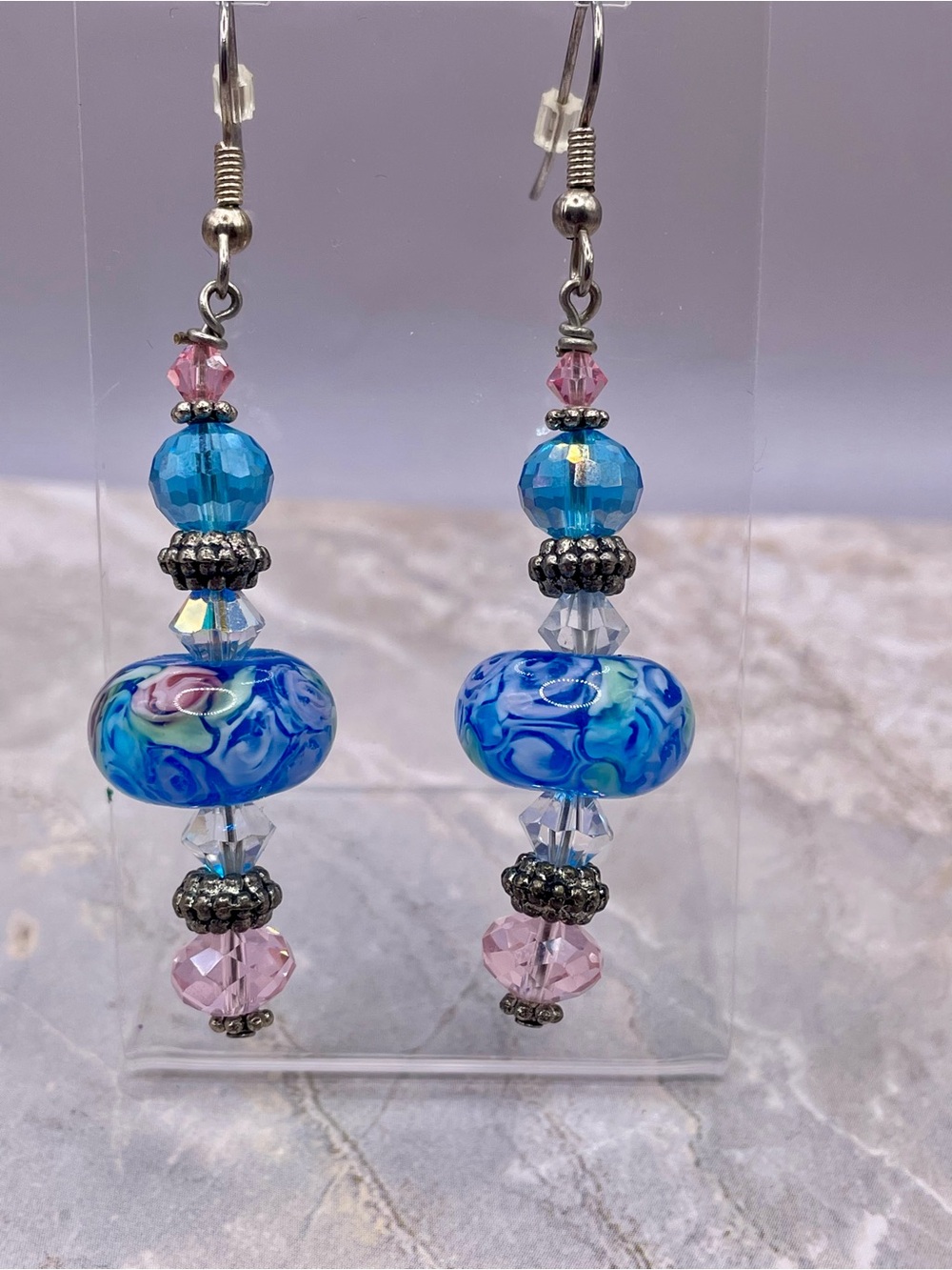 Handmade Floral Blue and Pink Murano Glass Lamp Work Bead Drop Earrings